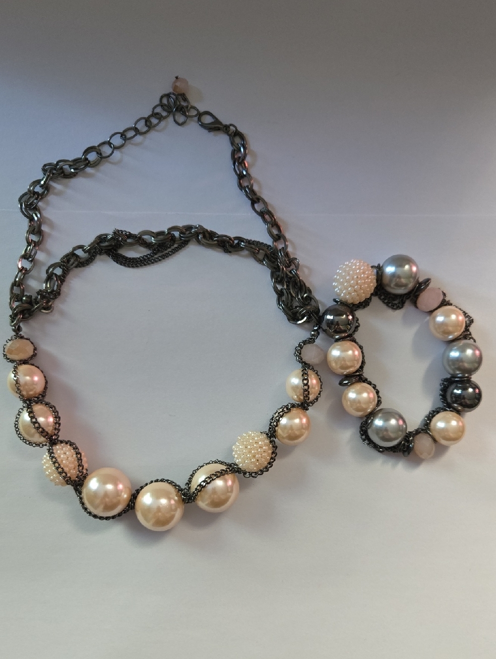 Pearl and Pave Bead Statement Necklace and Bracelet Set - Ivory and Gray